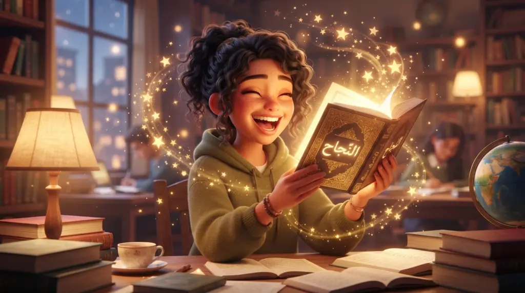 Apprenant débutant réussissant à lire des textes en arabe et le Coran avec confiance.